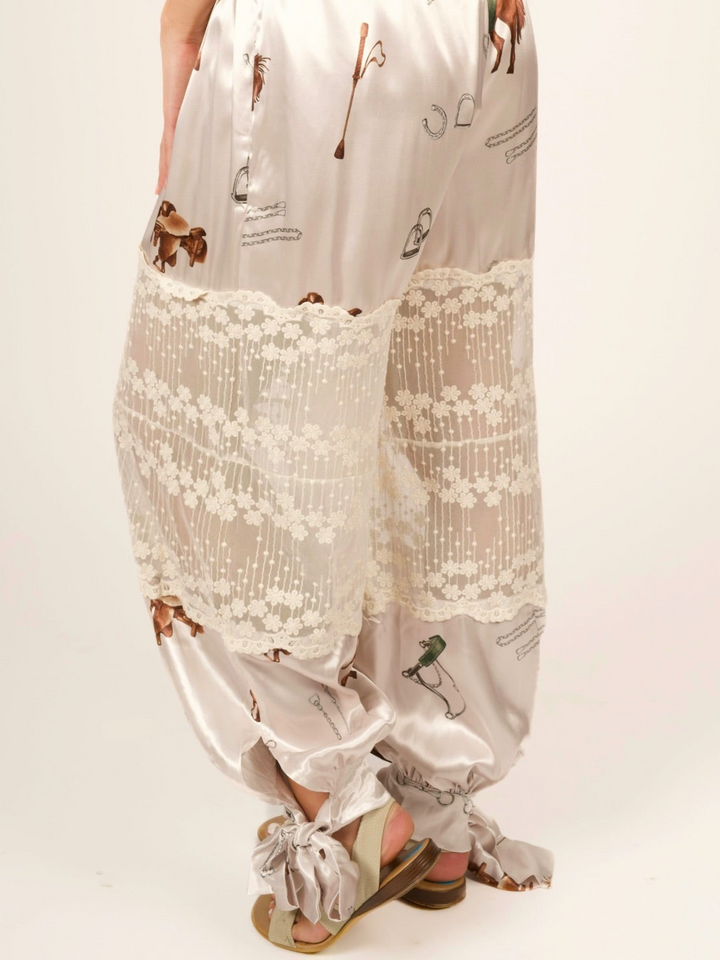 Stretch Satin Equestrian Print Lace-Paneled Balloon Pants