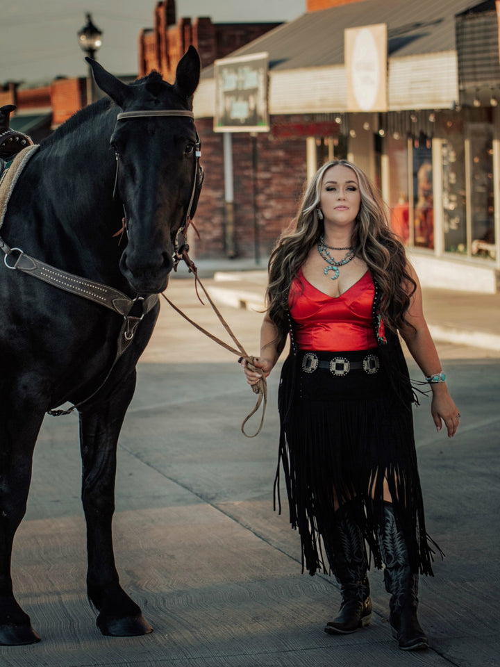 Rose Embroidered Suede Fringe Vest