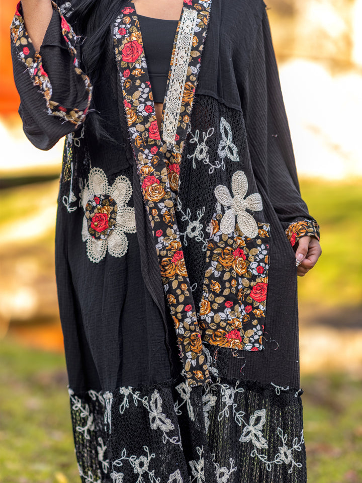 POL Oversized Boho Cardigan - Black Crochet Lace Patch Duster