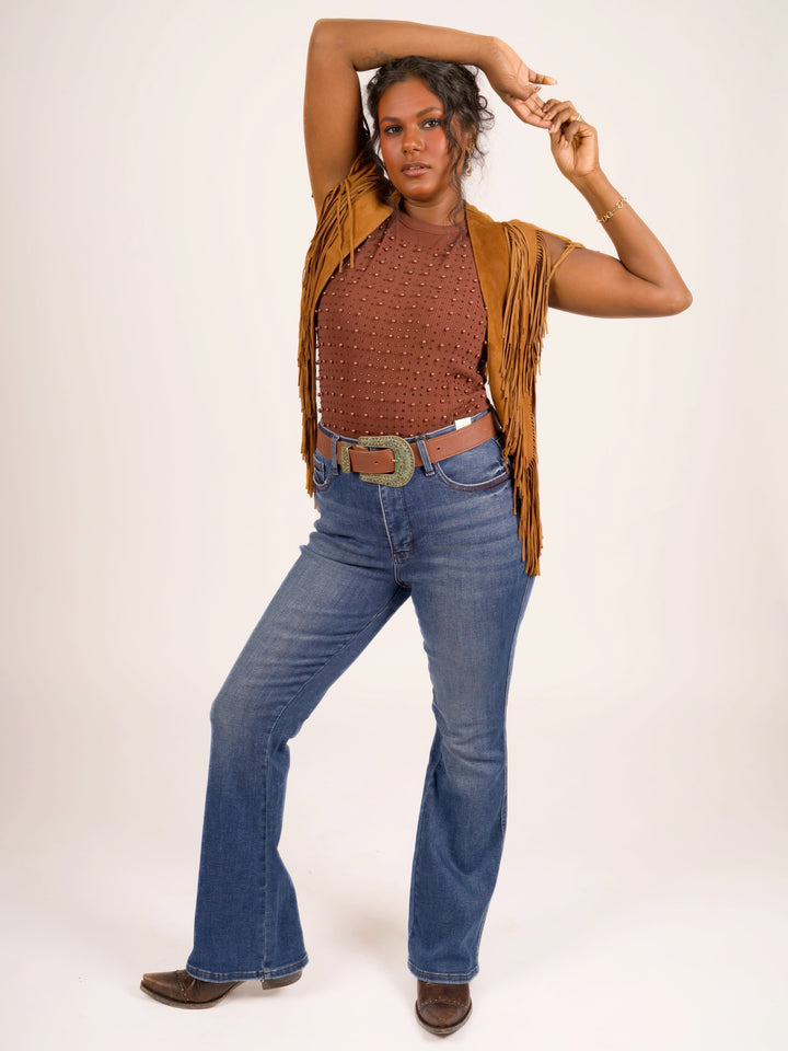 Handcrafted Cognac Suede Leather Fringe Shoulder Collar