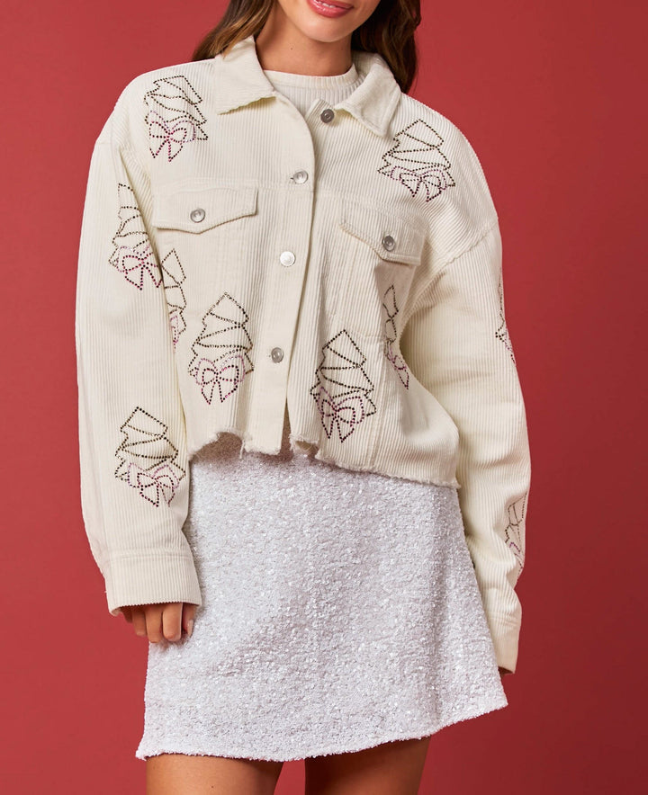 Corduroy Christmas Tree & Bow Rhinestone Jacket