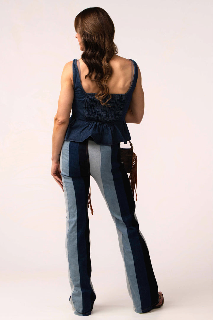 Striped Denim Color Block Flare Jeans