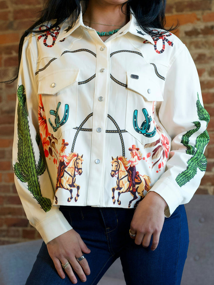 Retro Cowgirl Western Pearl Snap Button Down Shirt