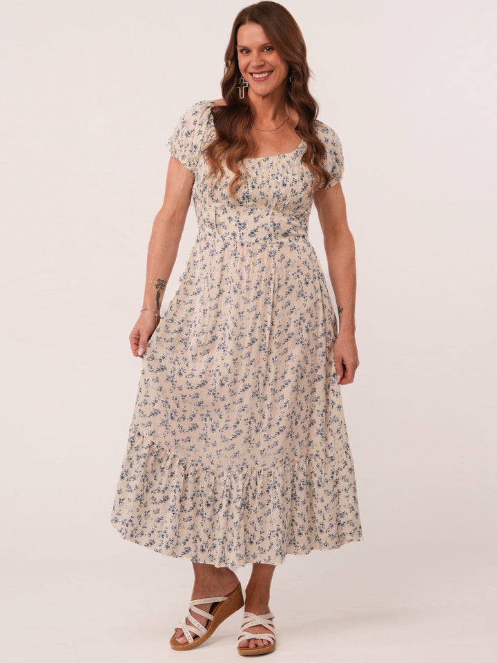 Ivory Blue Floral Smocked Back MIDI Dress