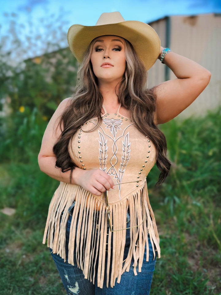 Suede Western Stitch Fringe Halter Top