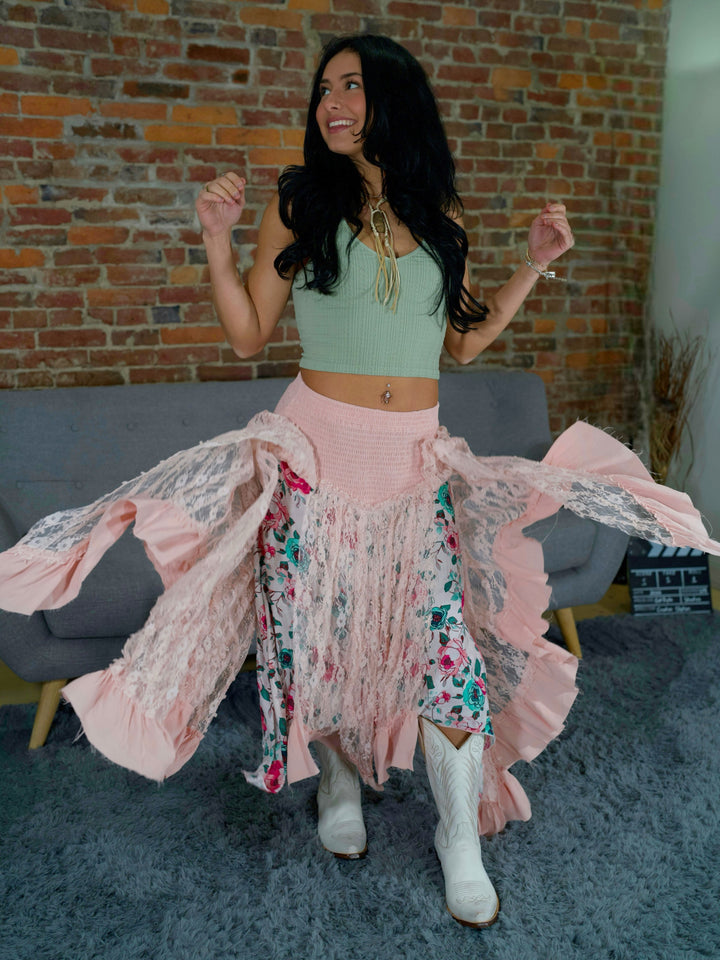 POL Romantic Boho High-Low Lace Skirt with Smocked Waist