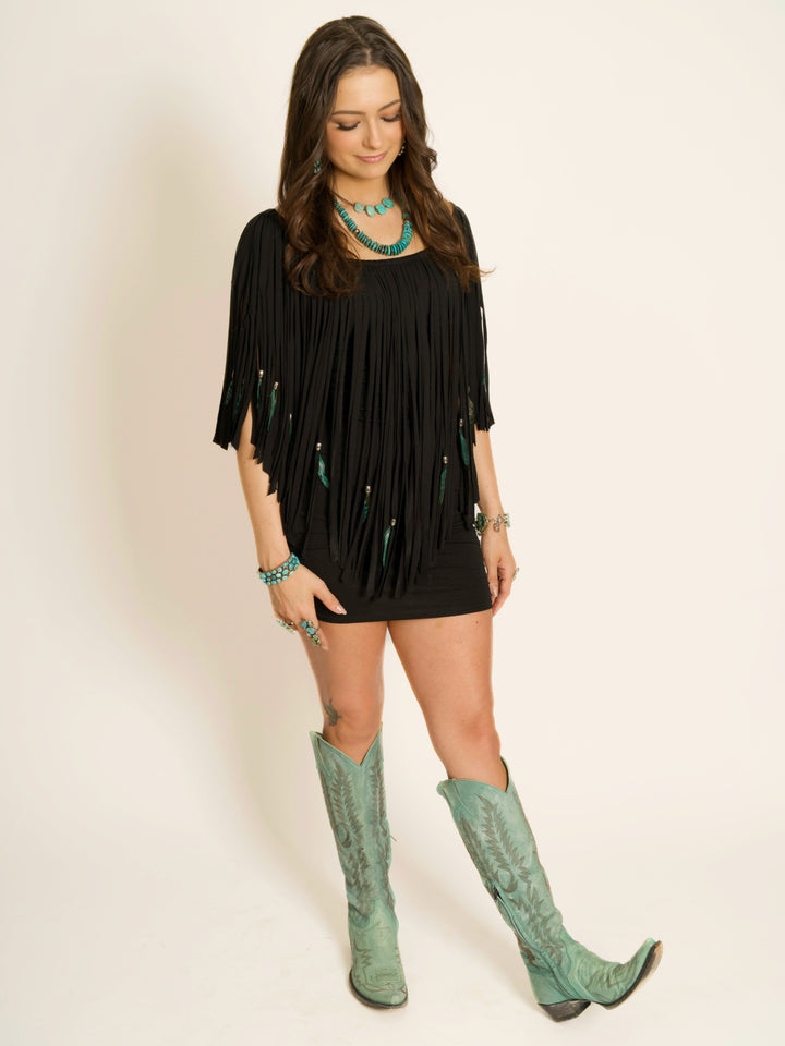 Feather & Fringe Peasant Body-con Mini Dress