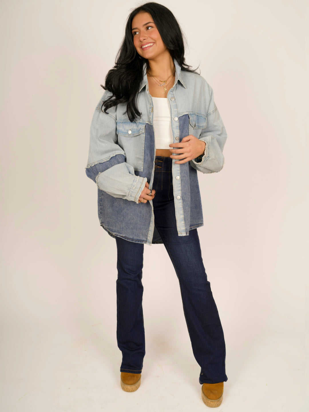 POL Two Toned Oversized Denim Shacket