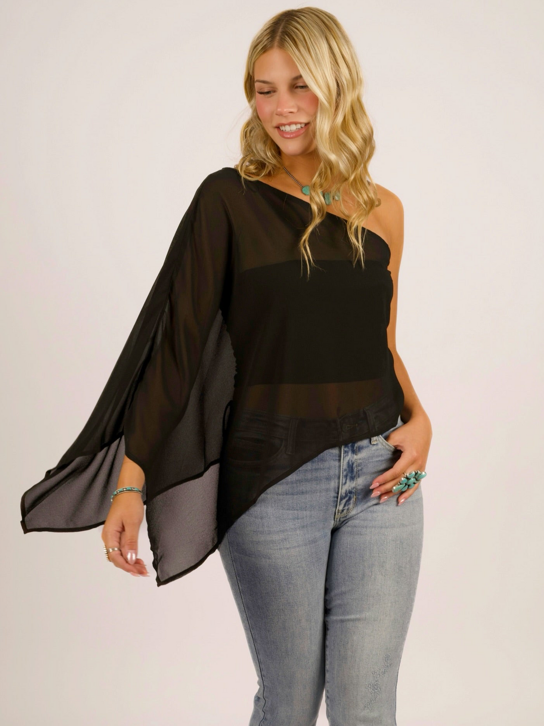 Midnight Cascade Asymmetrical One-Shoulder Cape Blouse