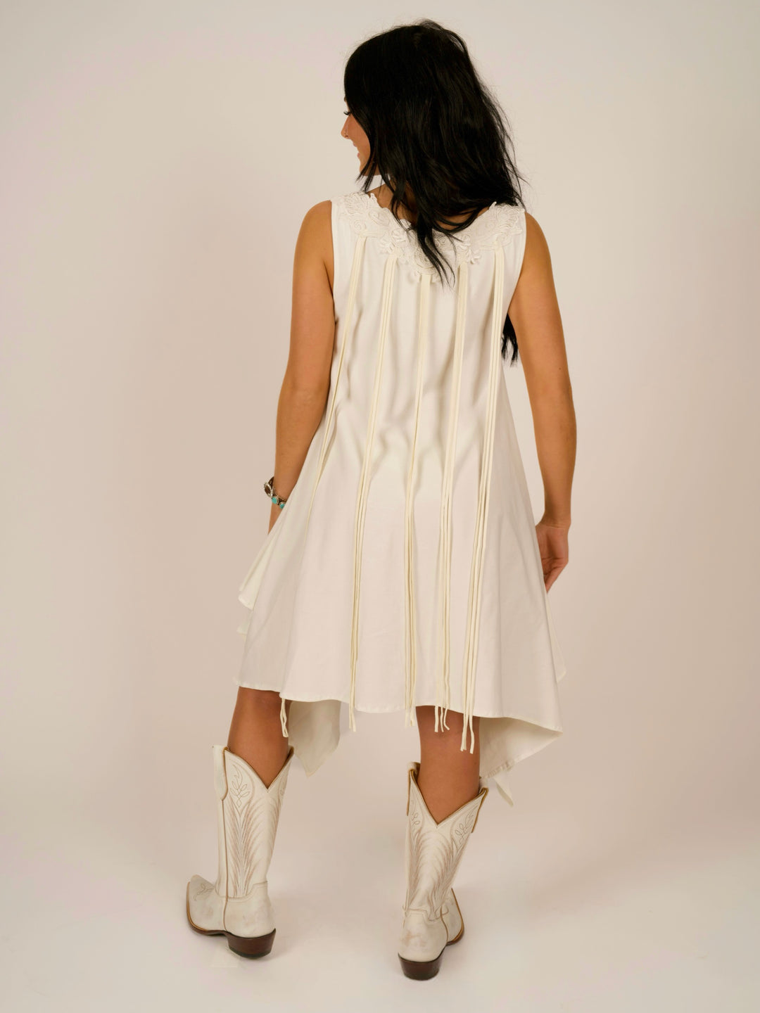 Ivory Shark Bite Sleeveless Designer Dress with Deerskin Fringe & Lace Neckline