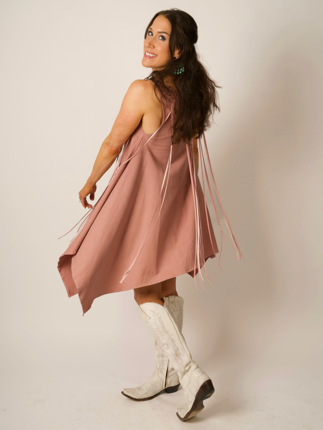 Pink Shark Bite Sleeveless Designer Dress with Pigsuede Fringe & Lace Neckline