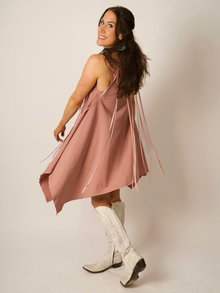 Pink Shark Bite Sleeveless Designer Dress with Pigsuede Fringe & Lace Neckline