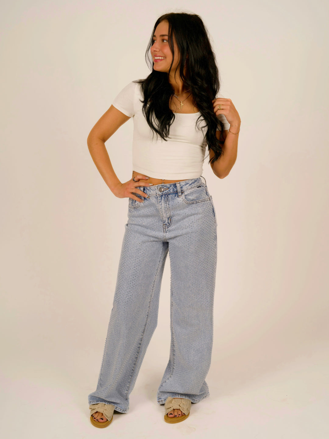 High-Rise Wide-Leg All-Over Rhinestone Jeans