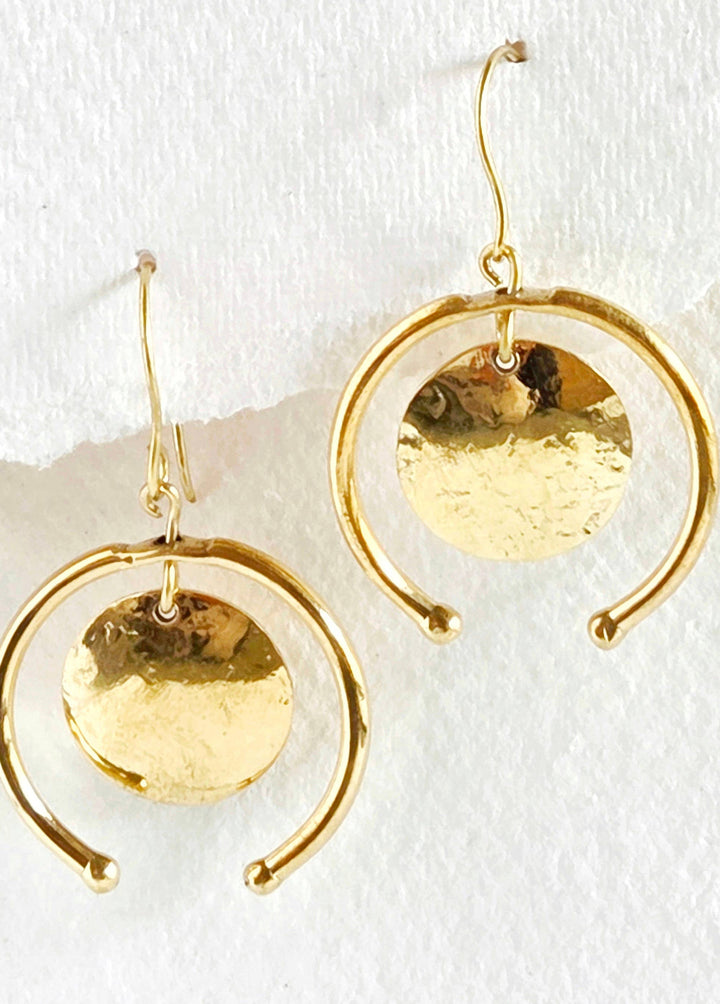 Brass hammered circle pendant earrings