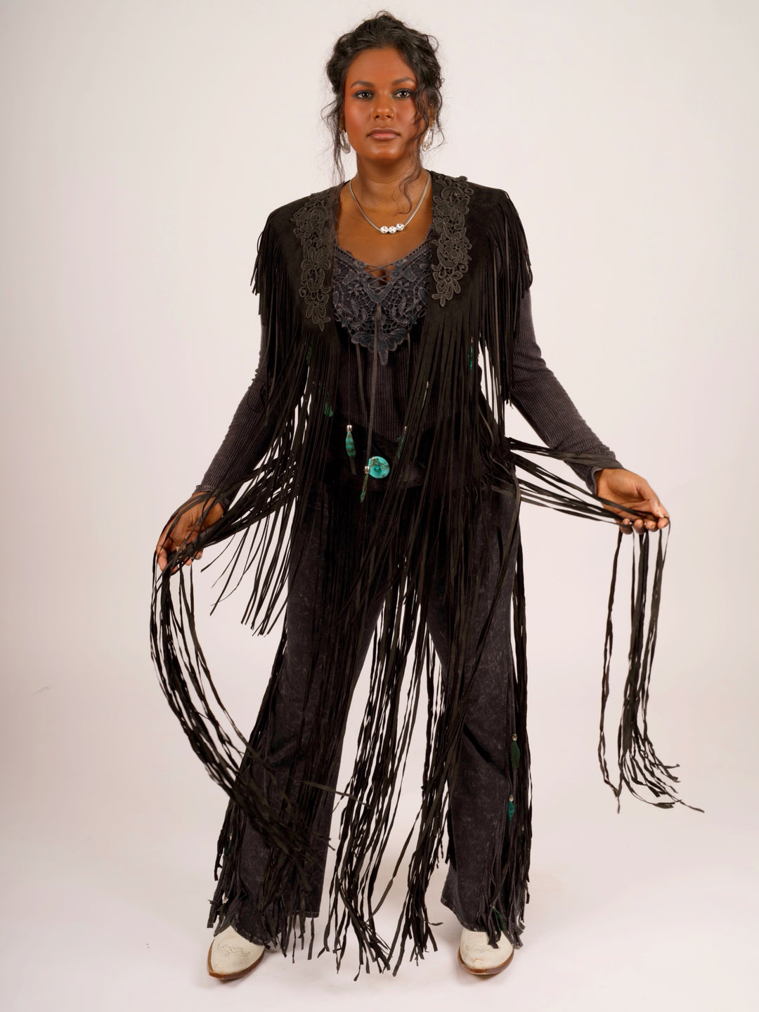 Fringe & Features Long Sleeve Top Black