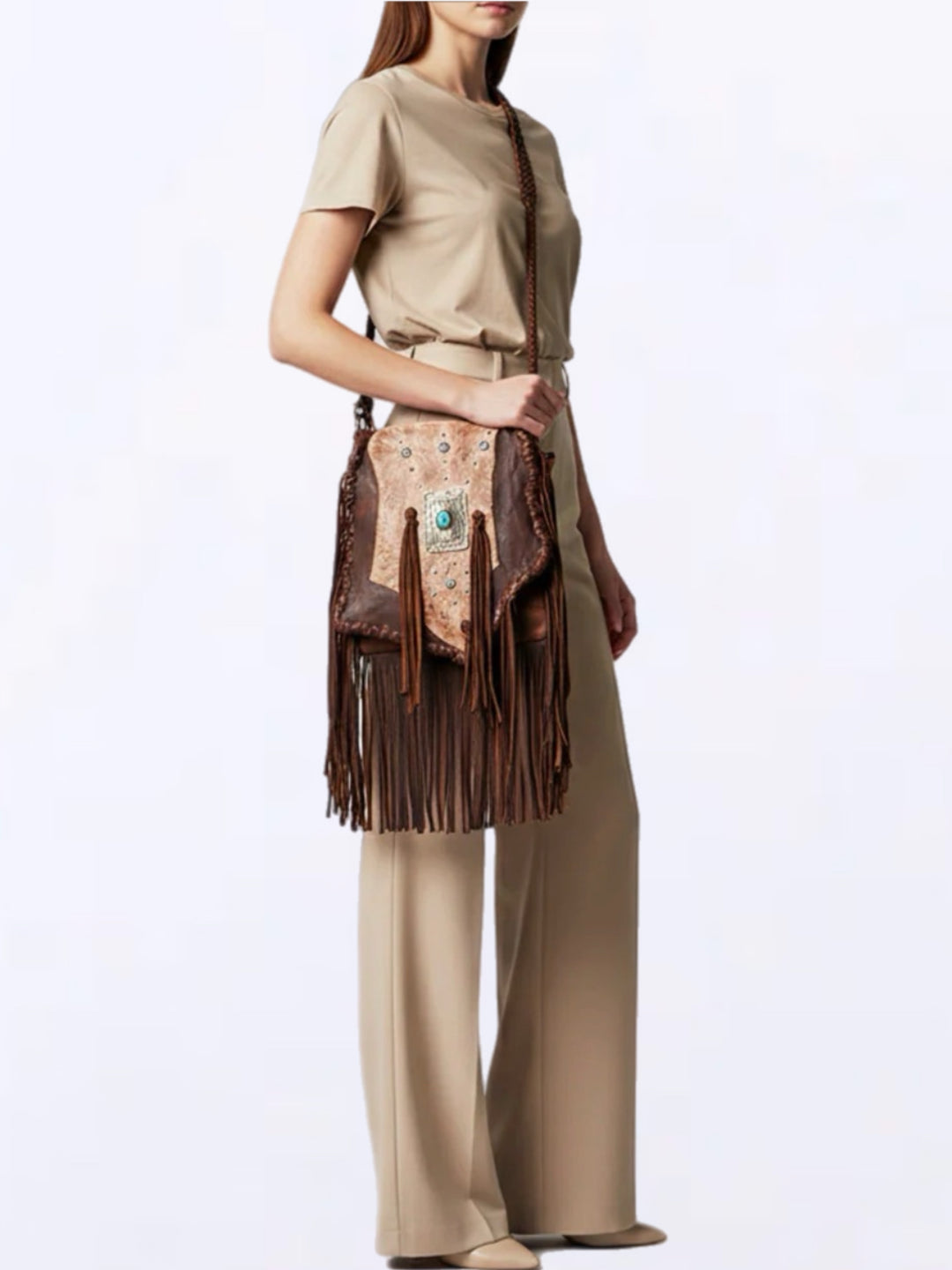 Western Concho Leather Fringe Messanger Crossbody Purse