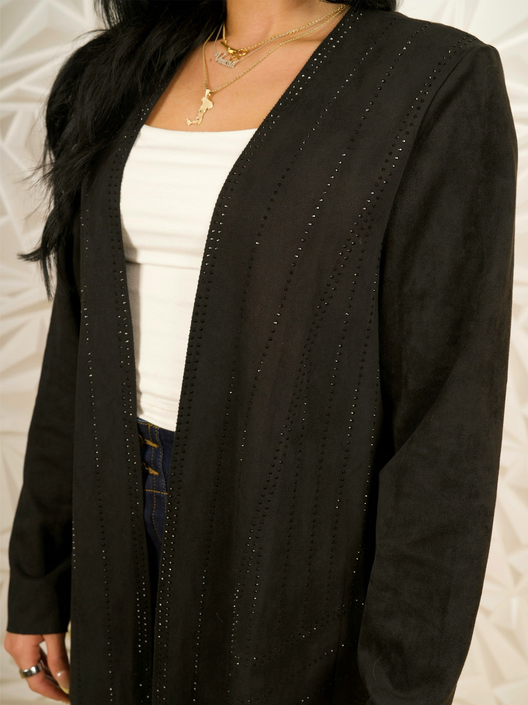 Black Suede Open-Front Jacket with Laser-Cut & Rhinestone Detail