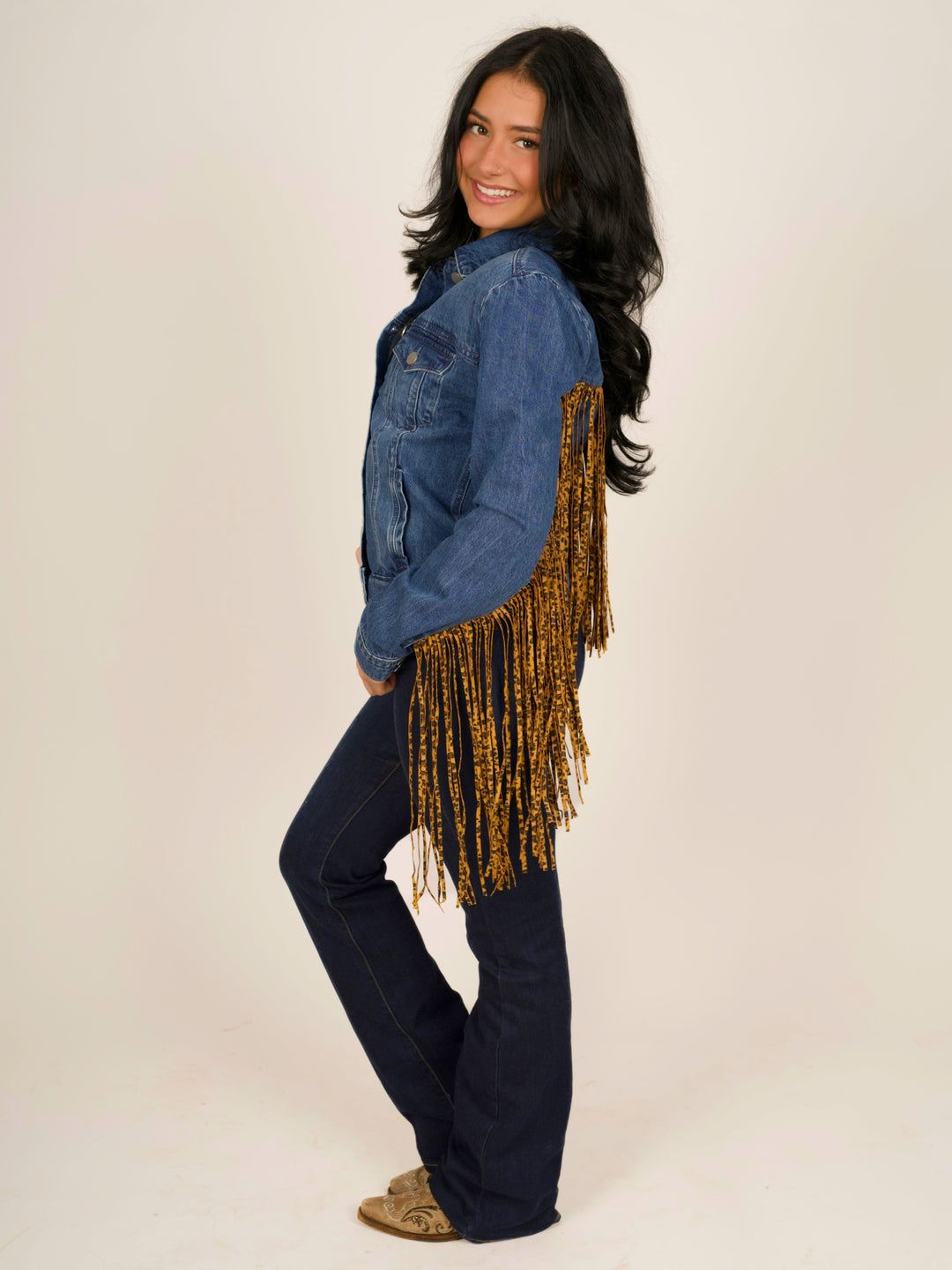 Leopard Fringe Jean Jacket