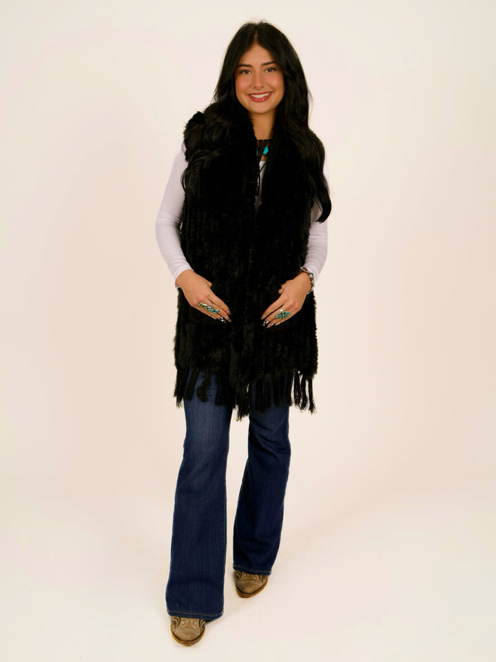 Black Rex Rabbit Pocket Shawl Fur Vest