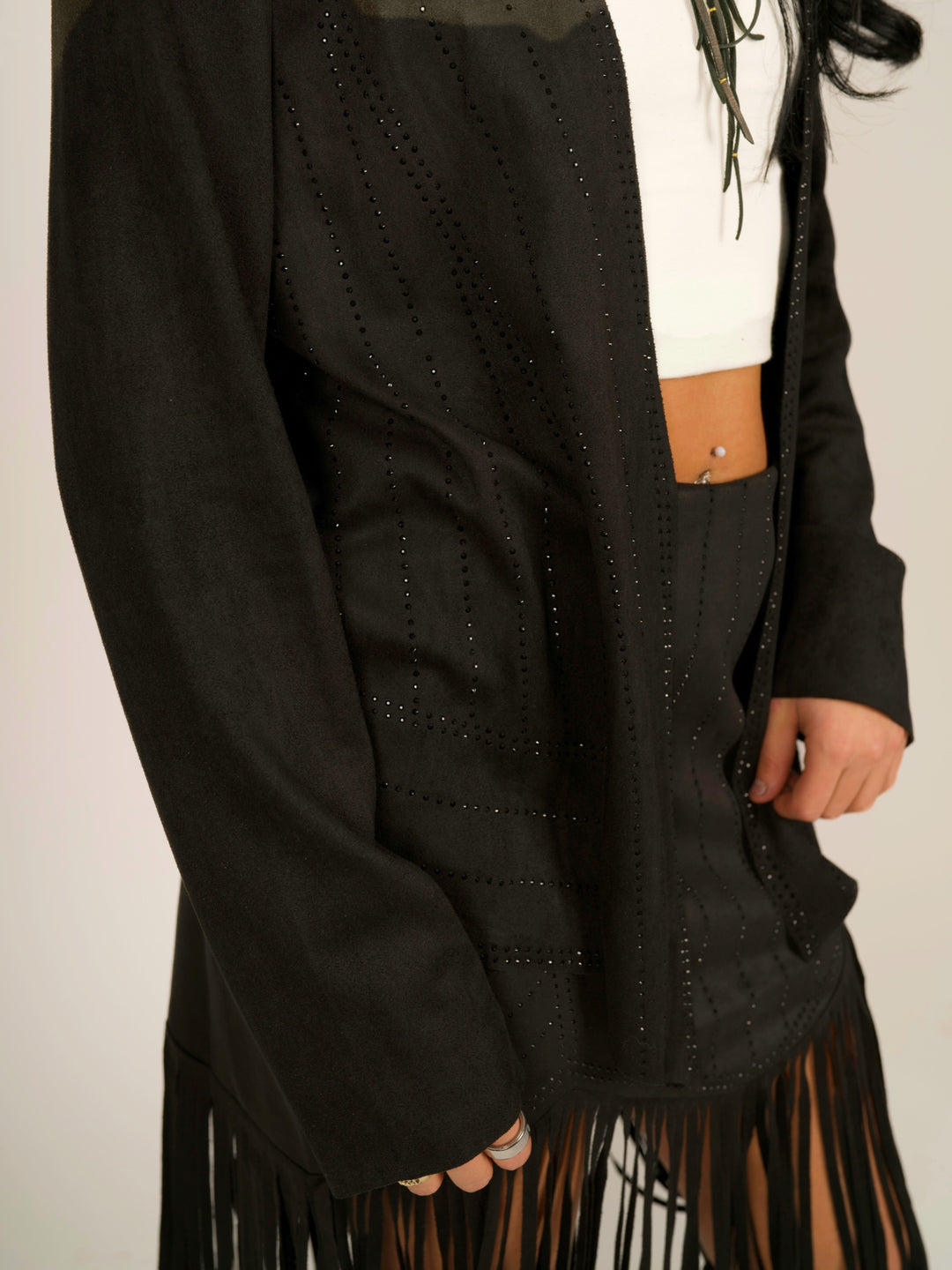 Black Suede Open-Front Jacket with Laser-Cut & Rhinestone Detail