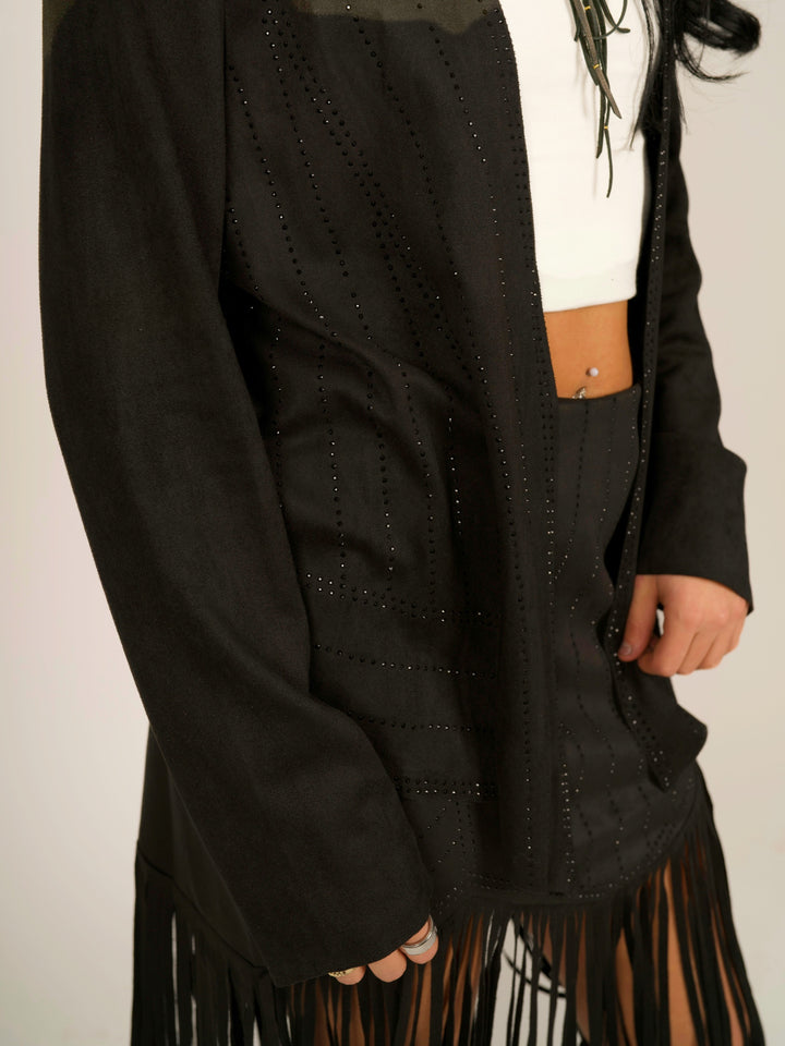 Black Suede Open-Front Jacket with Laser-Cut & Rhinestone Detail