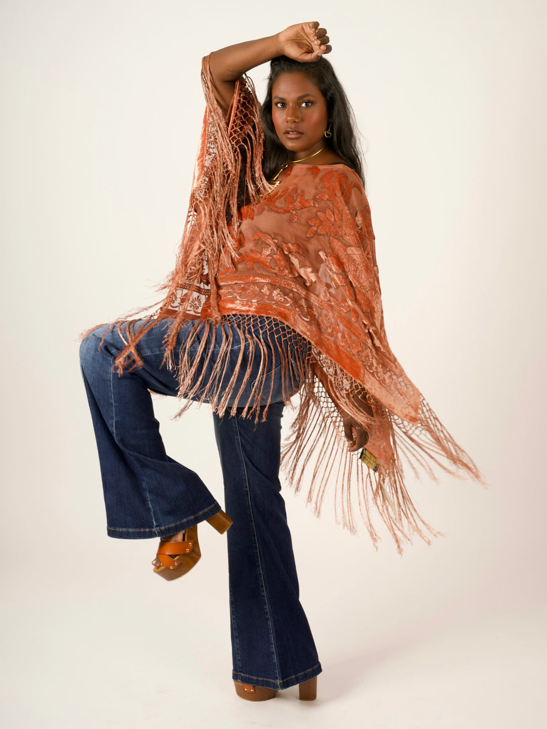 Burnout Velvet Poncho with Fringe