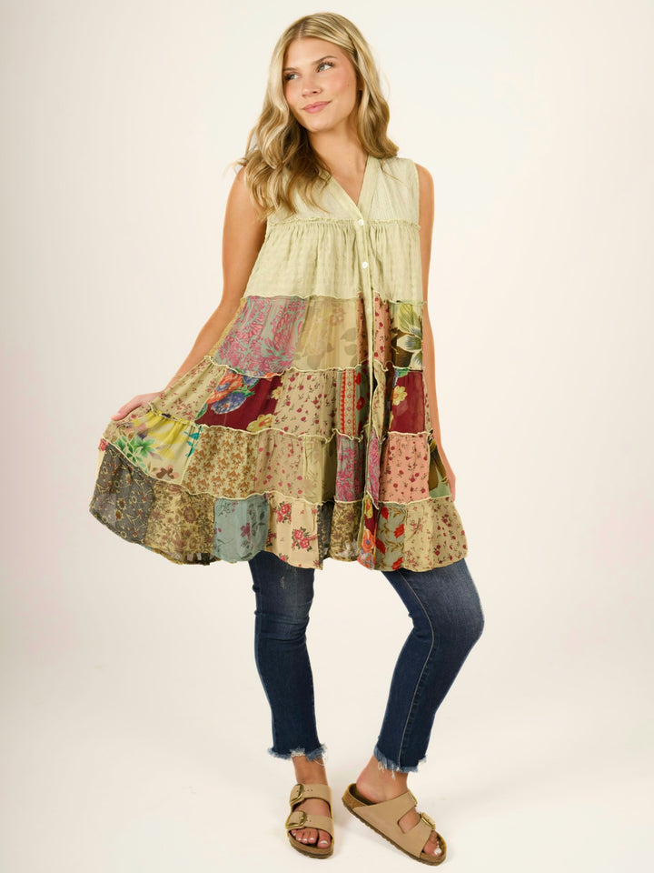 Sleeveless V-Neck Boho Tiered Patchwork Tunic Blouse / Dress