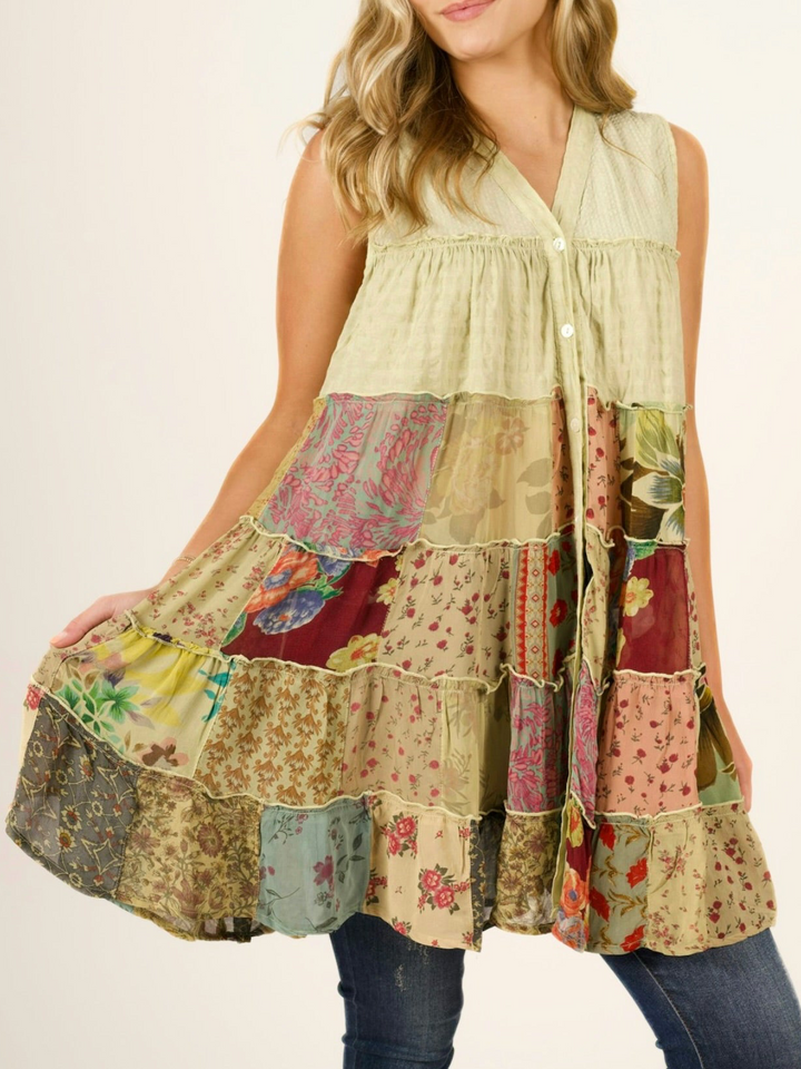 Sleeveless V-Neck Boho Tiered Patchwork Tunic Blouse / Dress