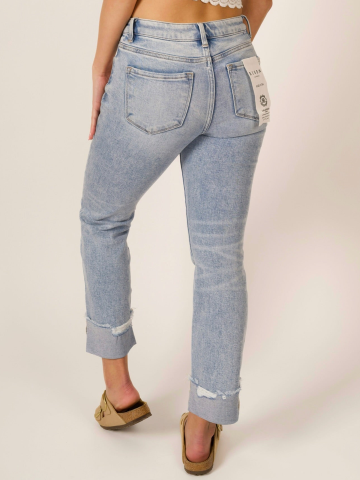 Risen Tummy Control Crop Straight Cuffed Jeans