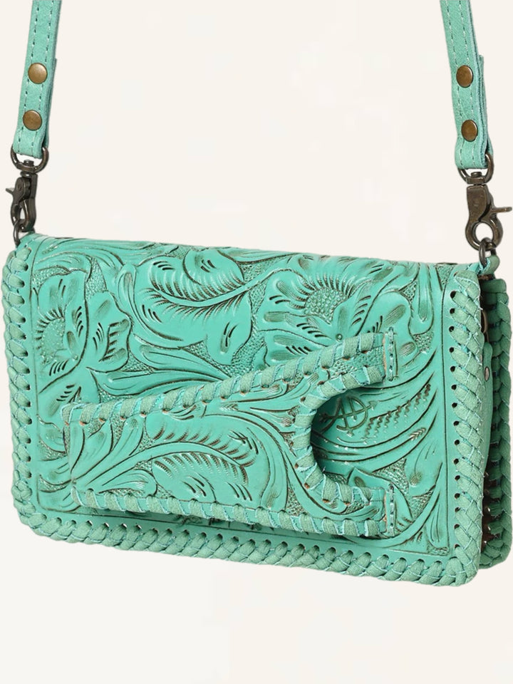 Turquoise Hand Tooled Leather Crossbody Clutch Wallet Bag