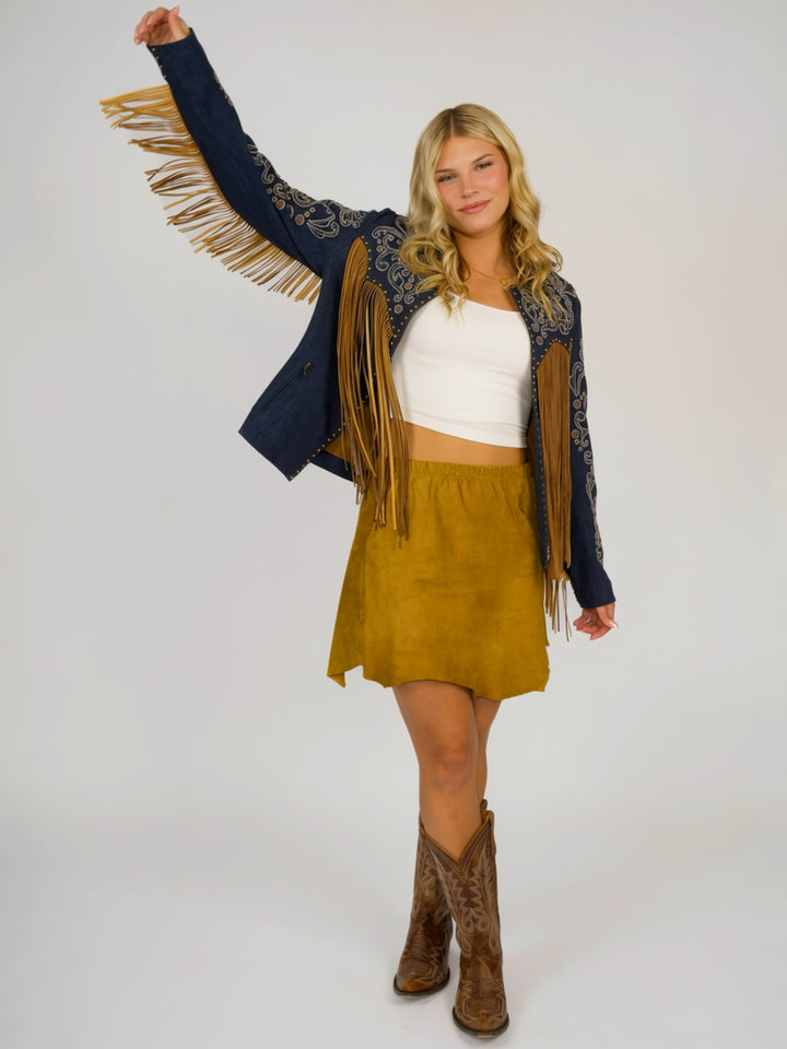 Western Cowgirl Embroidered Leather Fringe Jacket