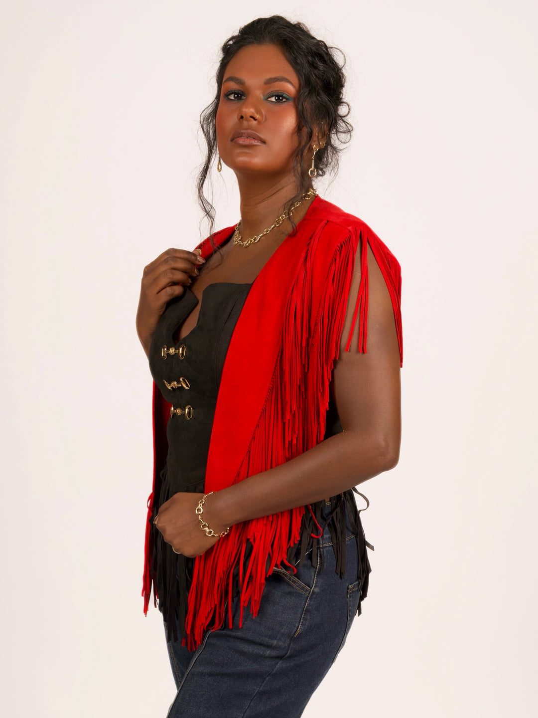 Handcrafted Red Suede Leather Fringe Shoulder Collar