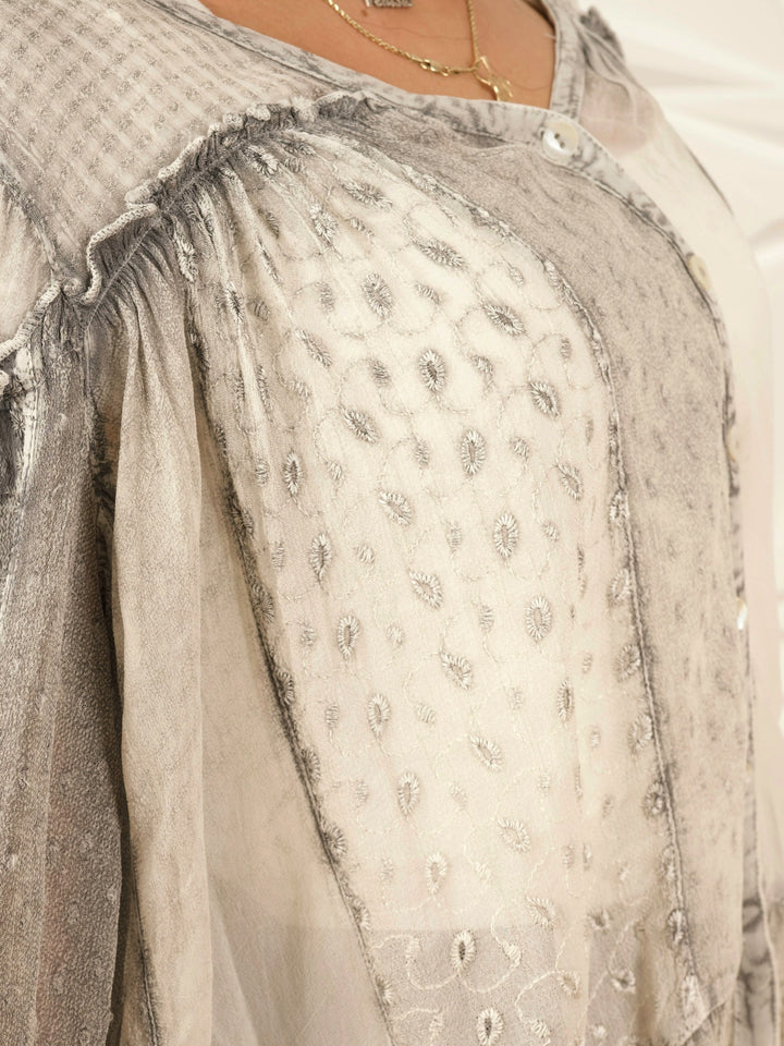Dreamy Sheer V-Neck Ruffled Button Down Blouse