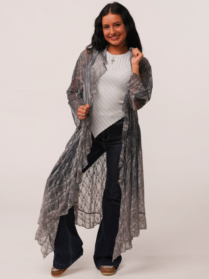 Long Rhinestone Detail Lace Cardigan Duster