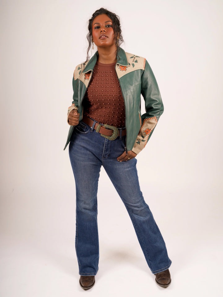 Forest Green Floral Inlay Western Leather Jacket