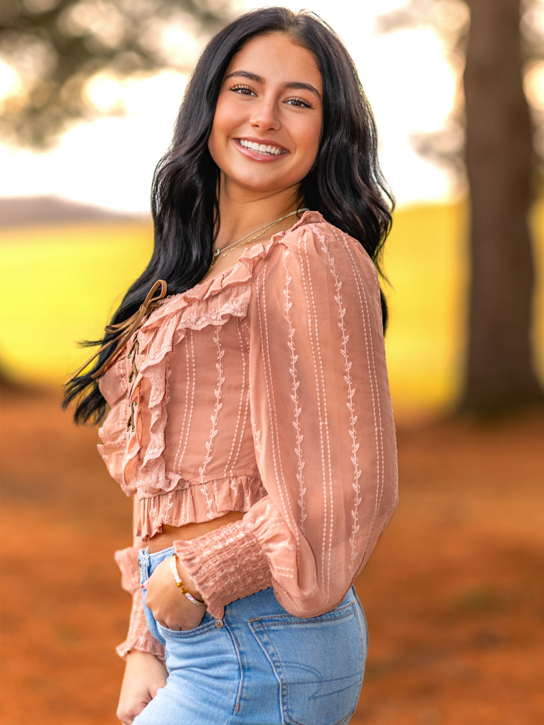 Rosewood Embroidered Peasant Blouse with Ruffled Lace-Up Front