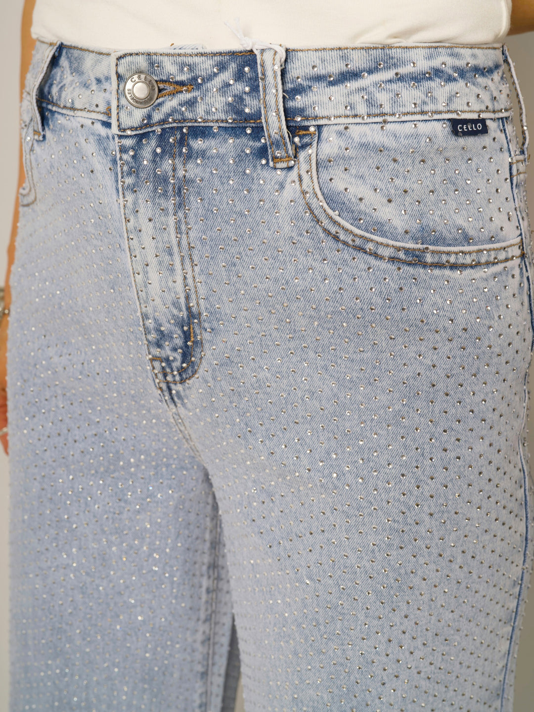 High-Rise Wide-Leg All-Over Rhinestone Jeans
