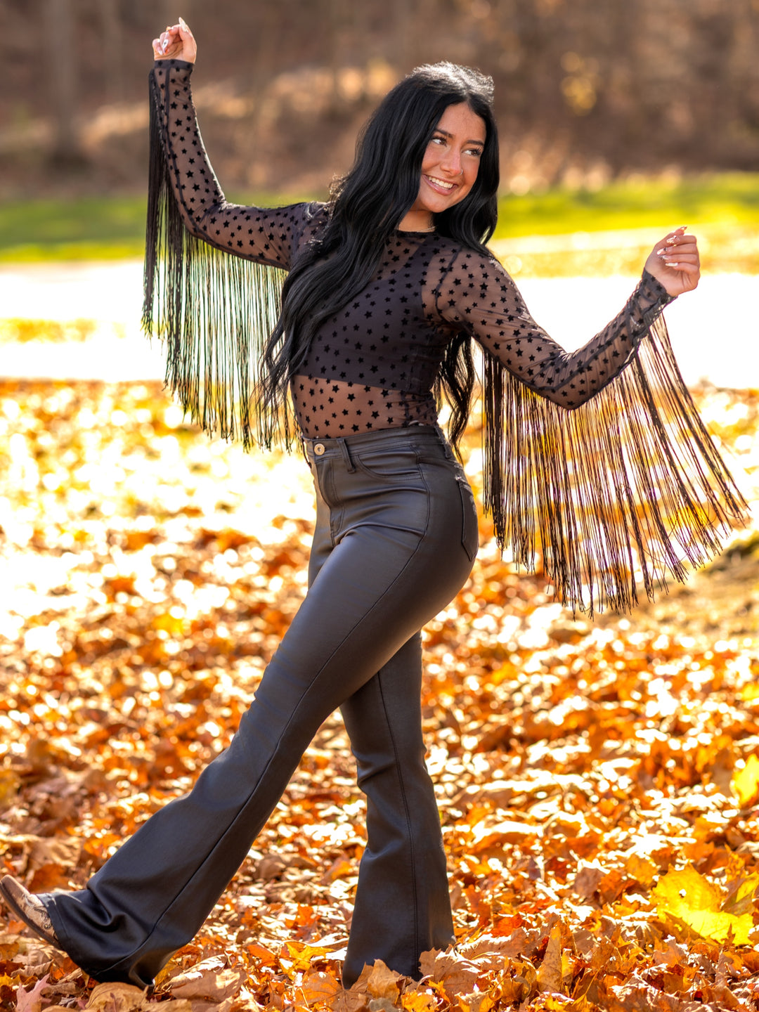 Star Mesh Long Sleeve Top with Fringe Sleeves