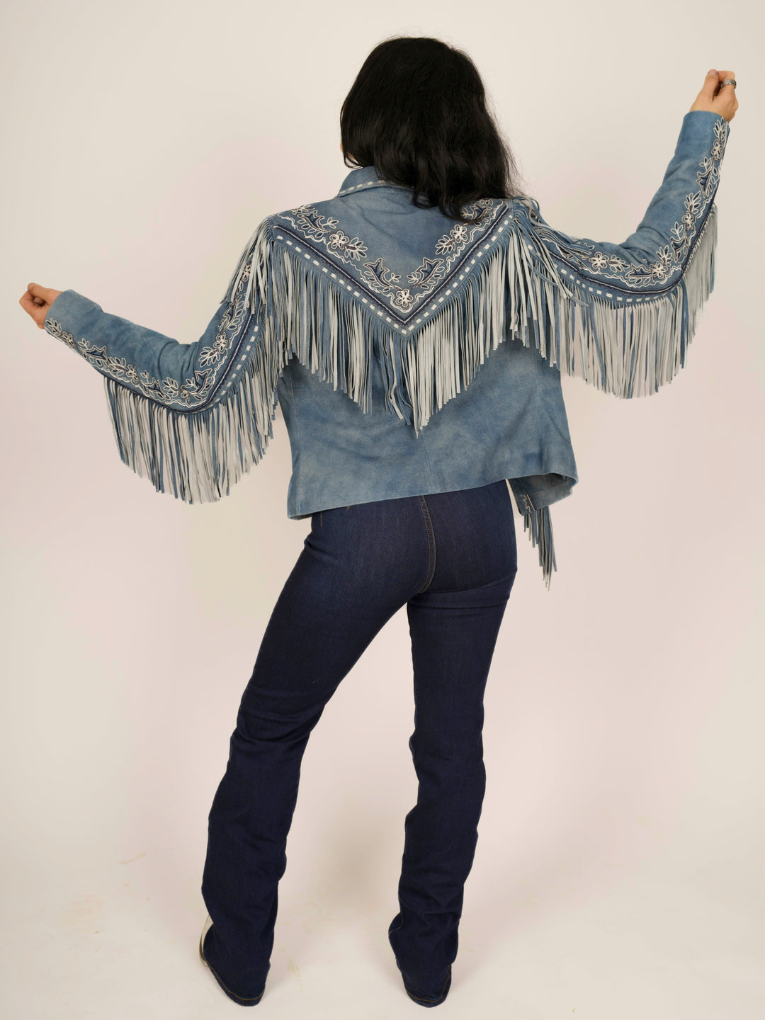 Light Blue Women’s Fringe Suede Leather Jacket