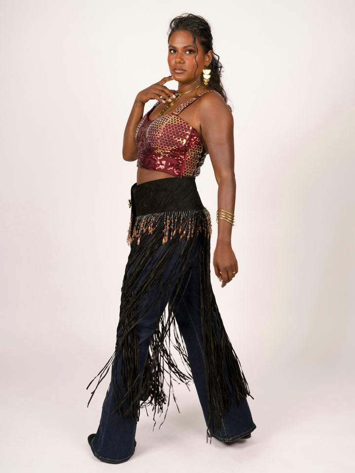 Long Suede Fringe Western Belt with Iridescent Beading by Pat Dahnke