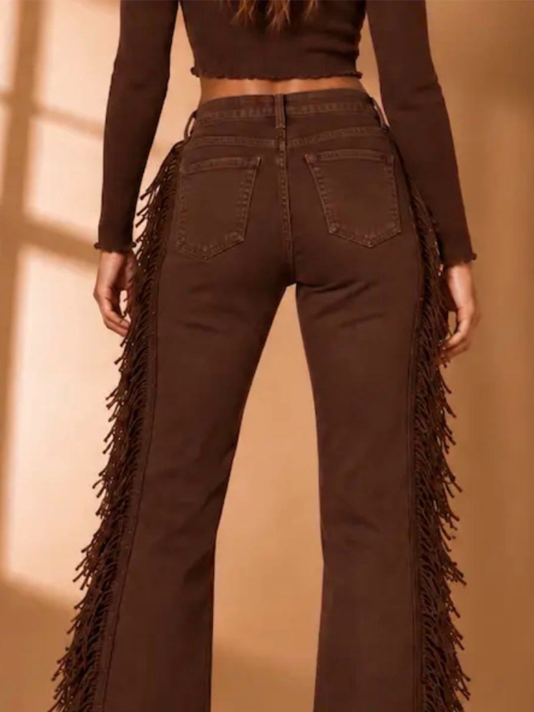 Chocolate Brown High-Waisted Fringe Bootcut Jeans