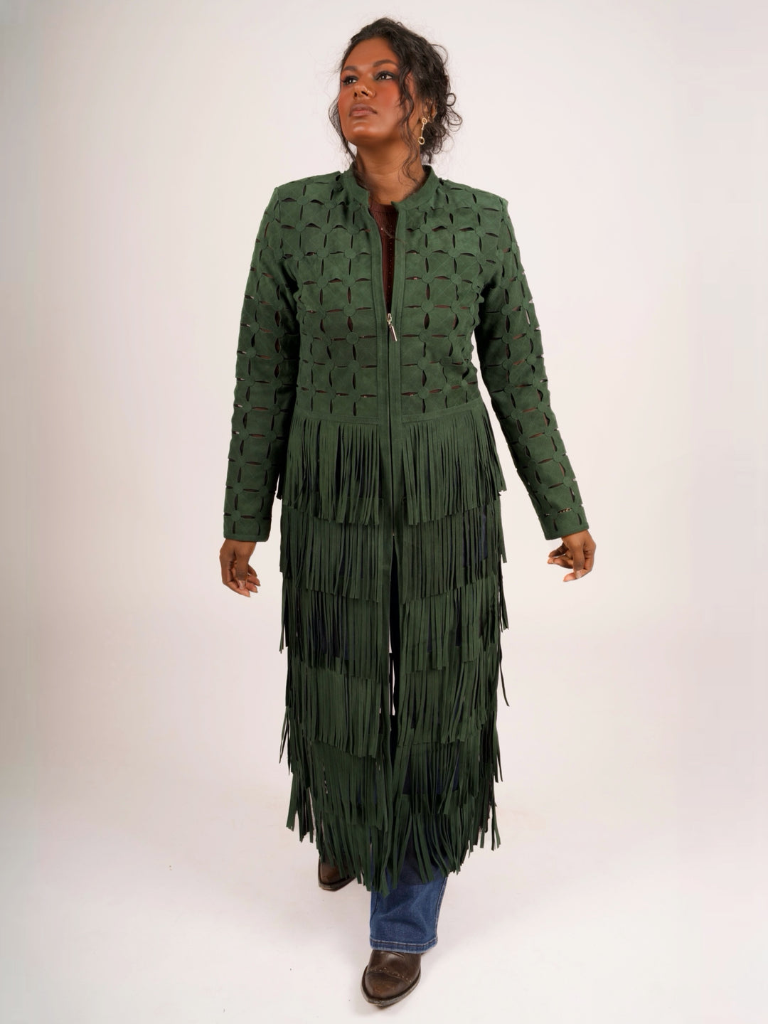 Genuine Suede Leather Laser-Cut Fringe Duster Jacket