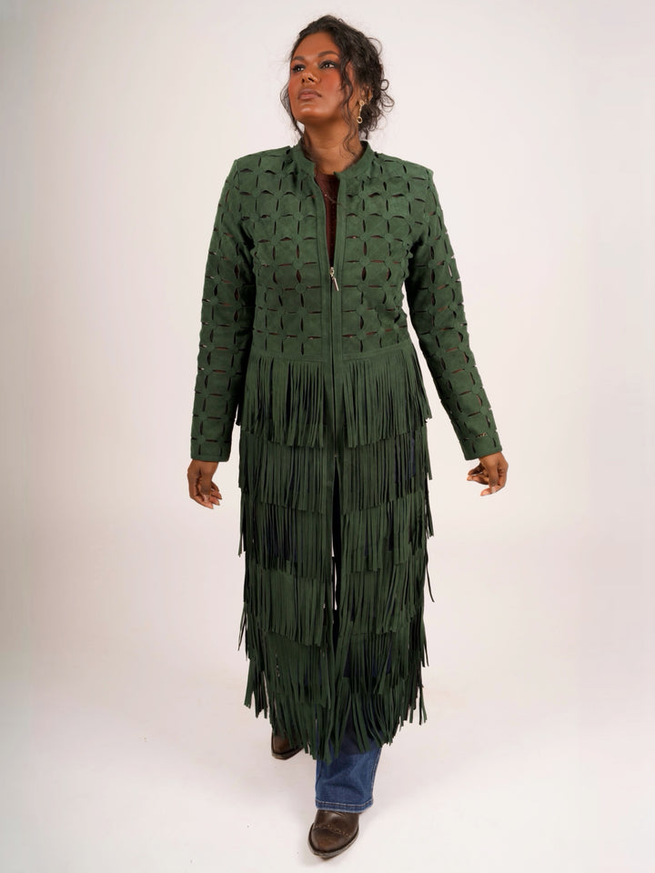 Genuine Suede Leather Laser-Cut Fringe Duster Jacket