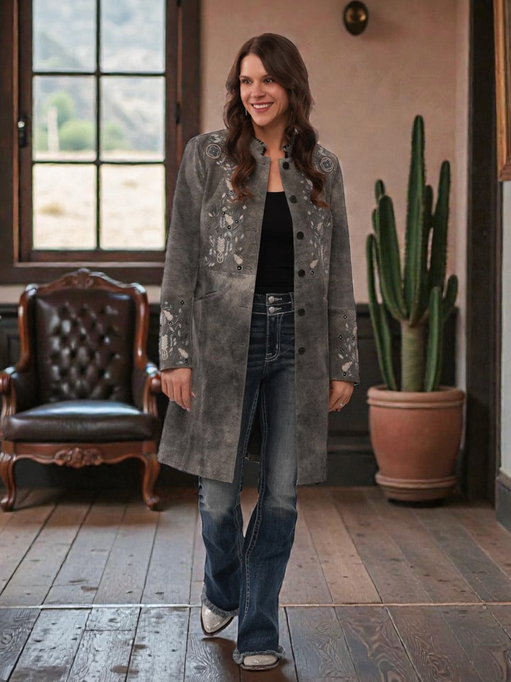 Floral Embroidery Leather Knee Length Jacket