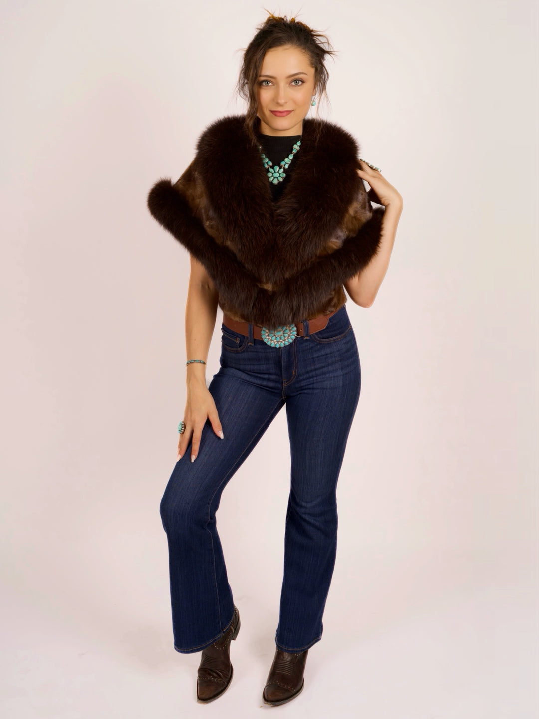 Premium Brown Mink & Fox Fur Cape