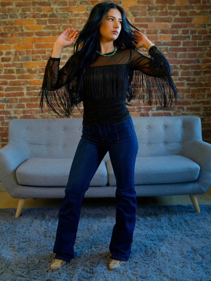 Women’s Black Fringe Trim Long Sleeve Mesh Western Top