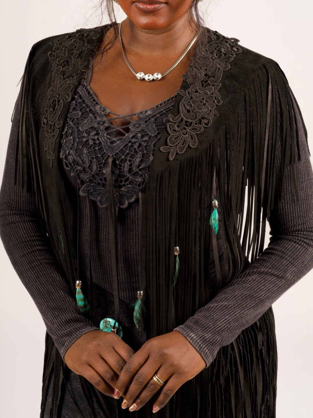 Handcrafted Black Suede Shoulder Fringe Collar by Pat Dahnke