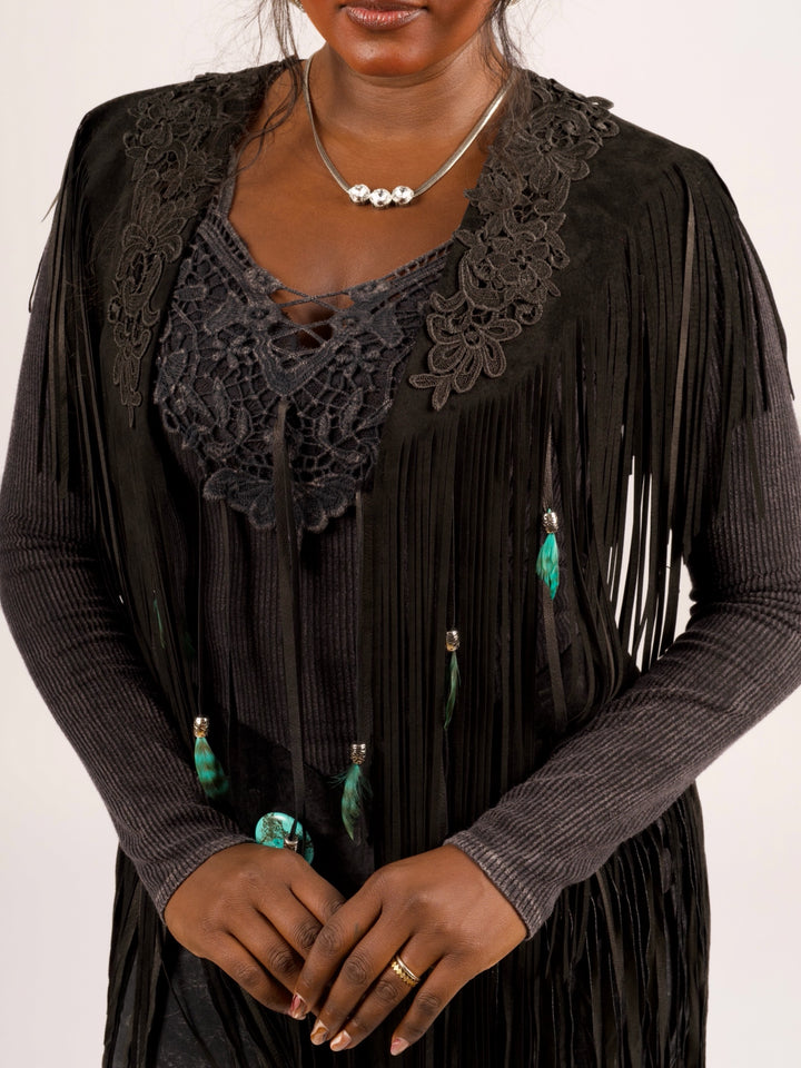 Handcrafted Black Suede Shoulder Fringe Collar by Pat Dahnke