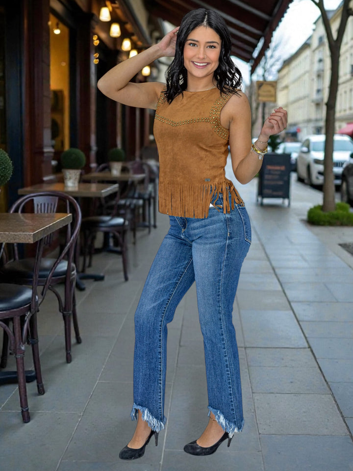 Giddy Up Glam Studded Suede Fringe Tank