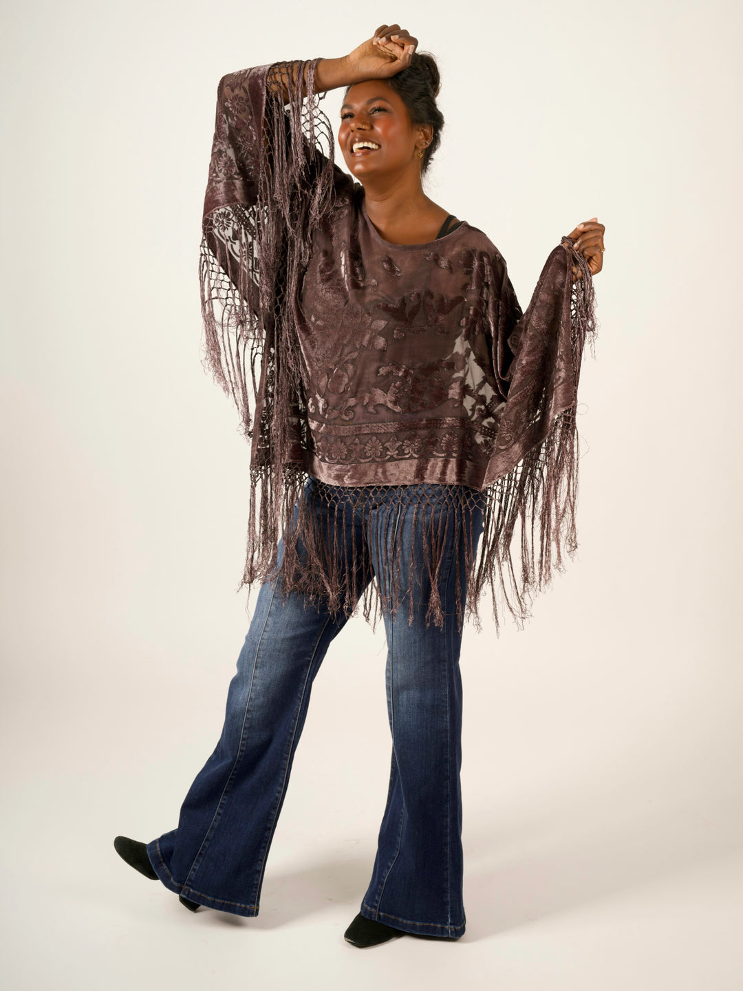 Burnout Velvet Poncho with Fringe